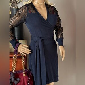 Diane Von Furstenberg Navy Wrap Dress with Lace Sleeves